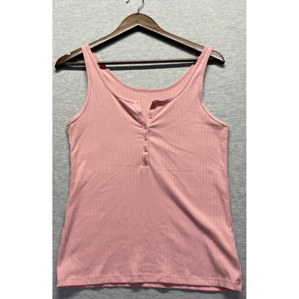 A New Day Ribbed Tank Top Womens Small Dusty Pink Cotton Stretch Henley Neck